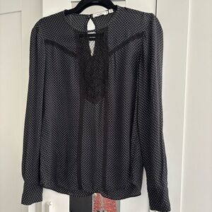 ALC black and white polka dot silk Jerry Blouse with sheer lace panel cutout 6
